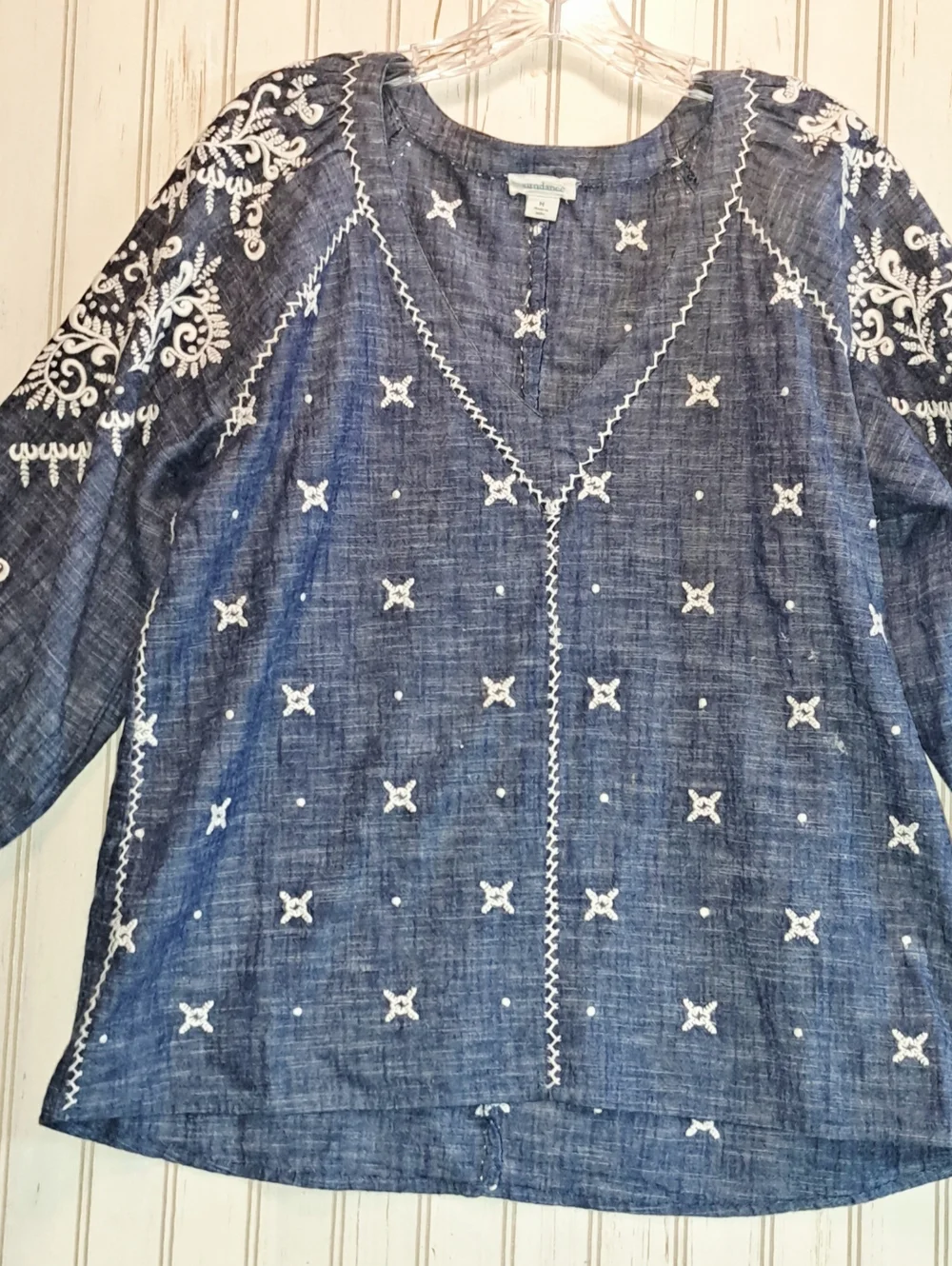 Sundance Blue Embroidered Peasant Top Blouse Breathable Cotton Boho Medium - Picture 2 of 12